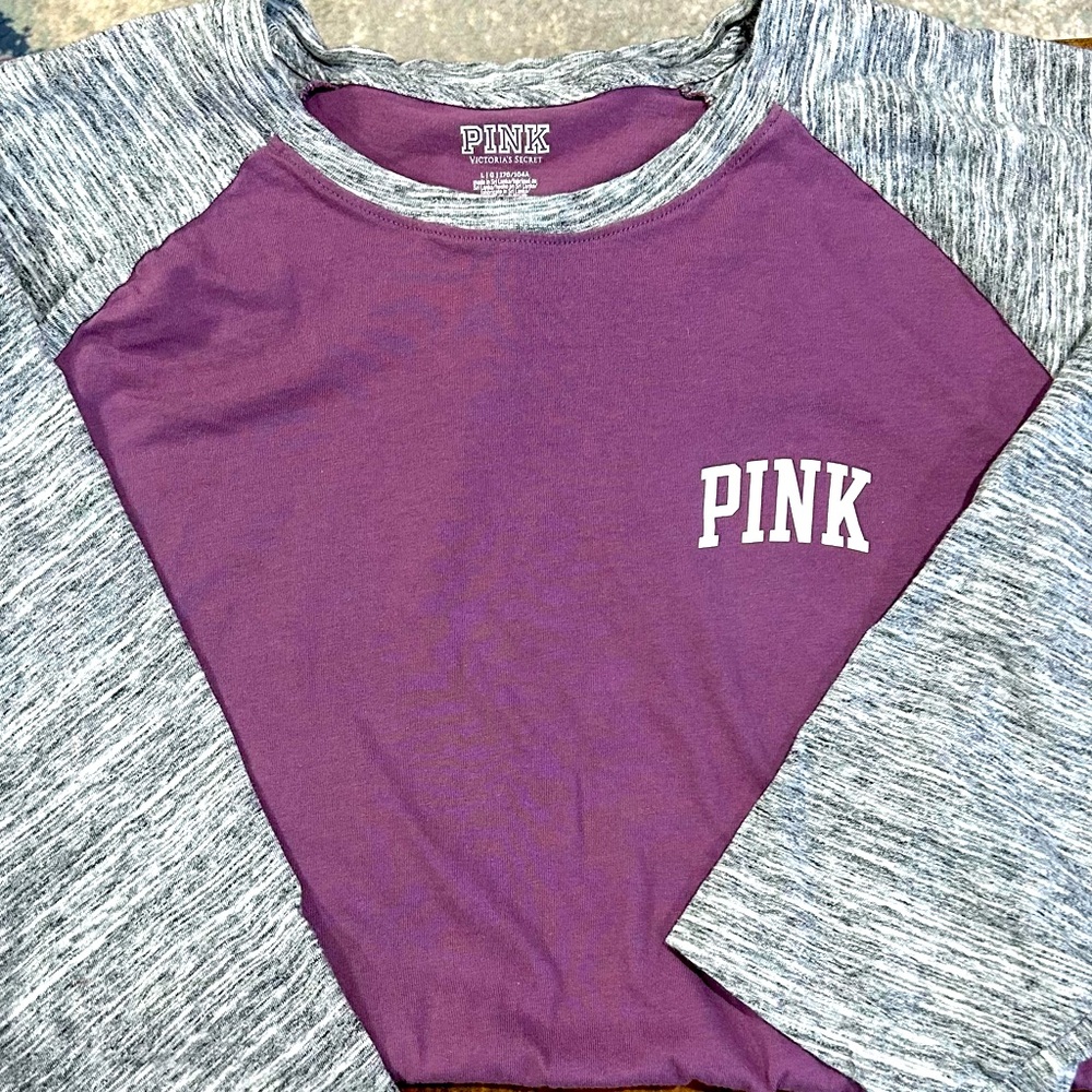 Victoria Secret Pink berry and marled sleeves baseball tee. Size L